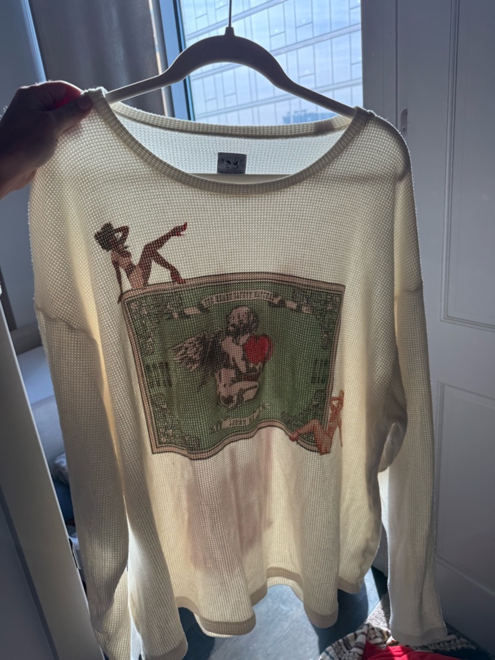 Boys Lie Cream Mesh Graphic Crewneck Sweater with Green Panel